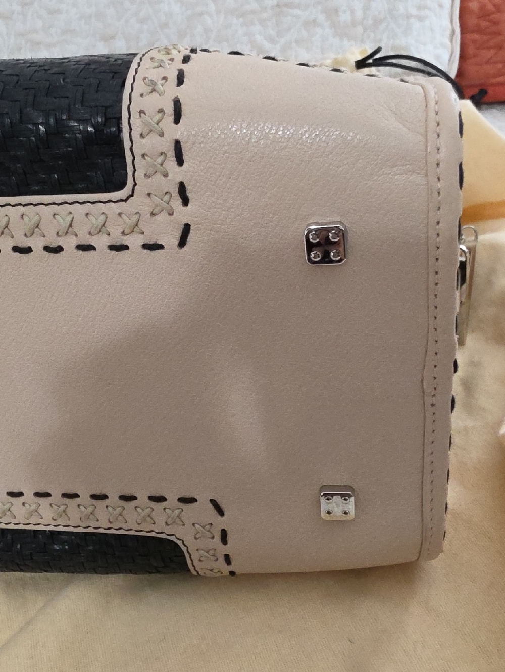 Leather-Trim Woven Satchel Bag - Black & Beige - Picture 9 of 16